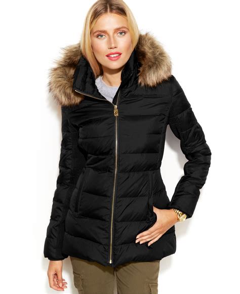 michael michael kors petite faux fur trim hooded down coat